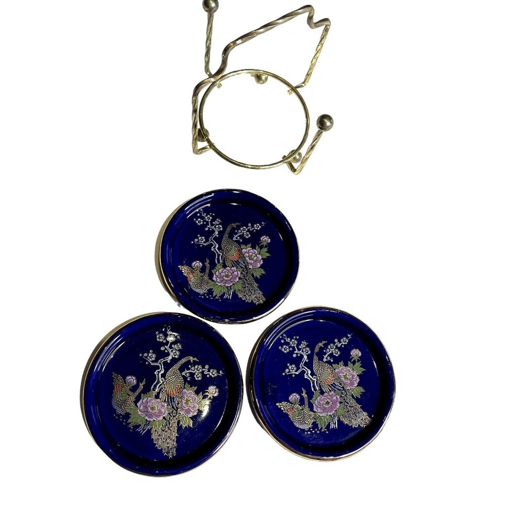 Vintage Interpur Cobalt Blue Peacock Set 3 Coasters and Caddy Holder